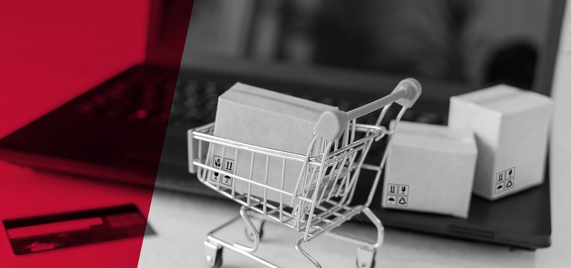 Shopping cart and product boxes in a retail setting